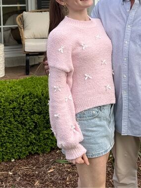 Altar'd State Pink Bow Embellished Cropped Sweater